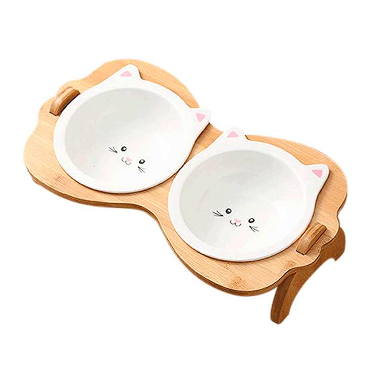 Double Diner Pet Bowl Cute Dog Shape Bamboo Wood Natural Material Dog Bowls Feeder With Two Drawers