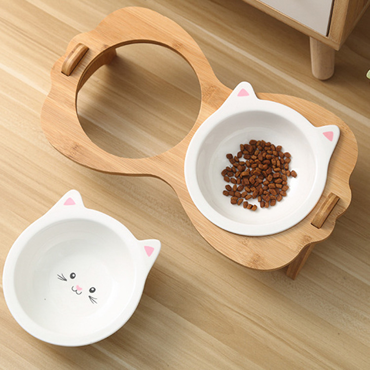 Double Diner Pet Bowl Cute Dog Shape Bamboo Wood Natural Material Dog Bowls Feeder With Two Drawers