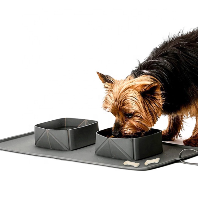 Outdoors Travel Pet Feeding Folding Silicone Mat Dog Bowls With Mat