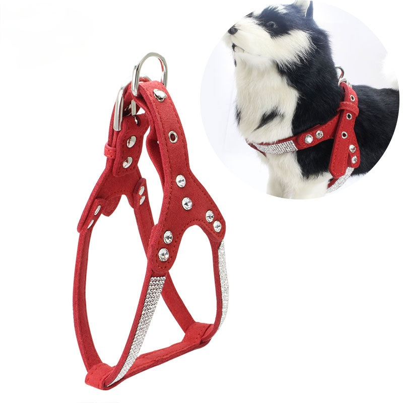 Rhinestone Pet Harness Doublelayer Microfiber Dog Chest Strap Soft Suede Leather Vest Hand Holding Rope Pet Supplies
