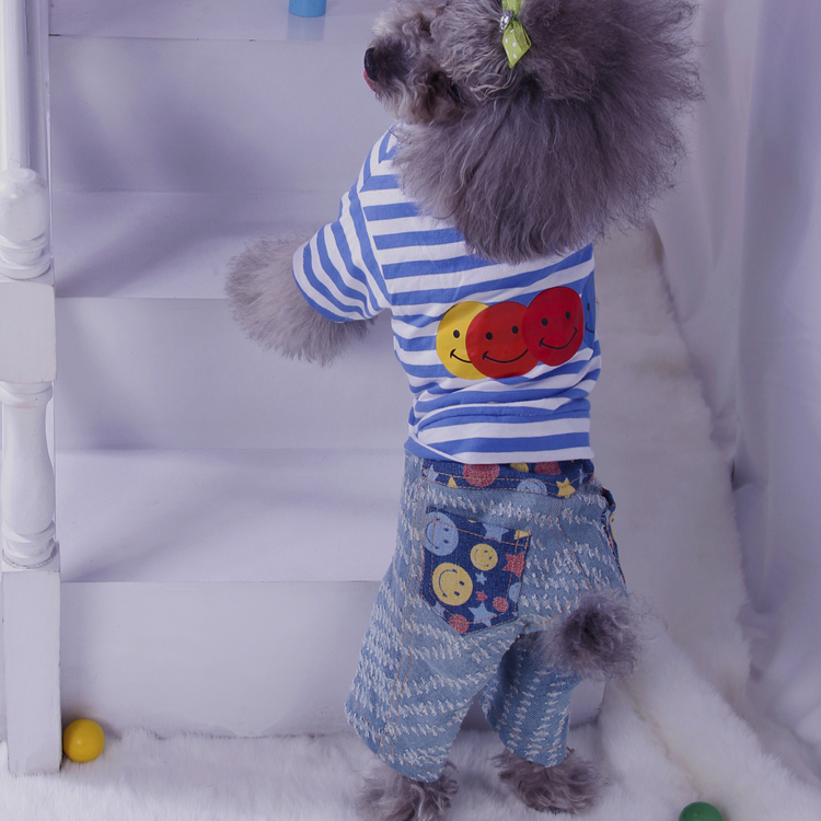 Spring Stripes Cotton Denim Dog Apparels With Fourlegs Blue Pet Clothing