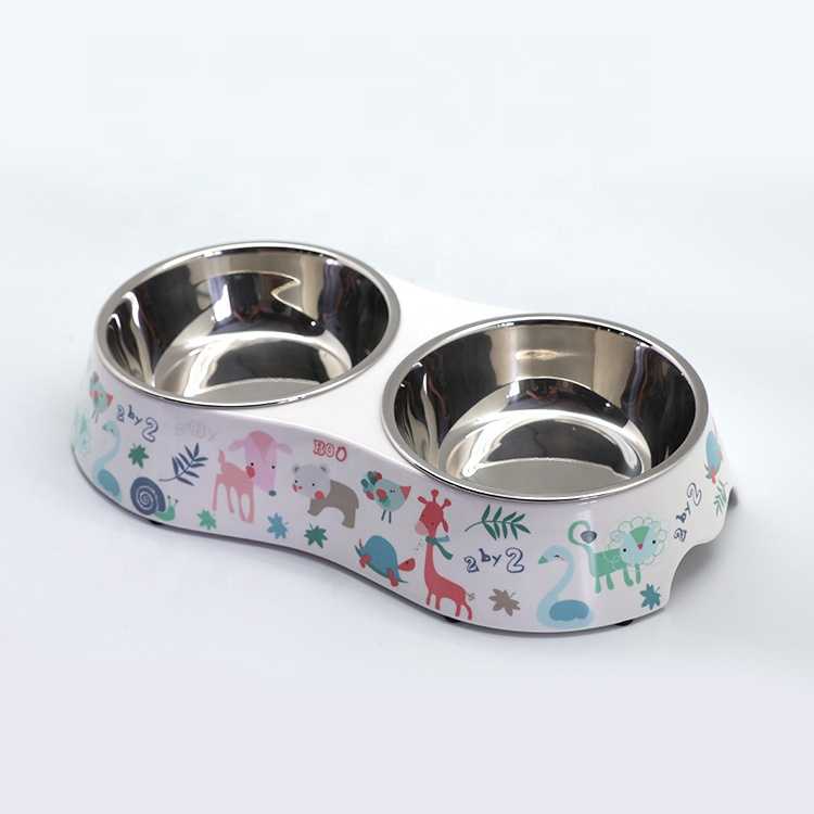 Support Samples Customized Printed Double Melamine Stainless Steel Pet Dog Bowl