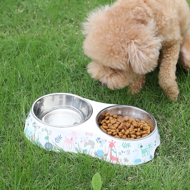 Support Samples Customized Printed Double Melamine Stainless Steel Pet Dog Bowl