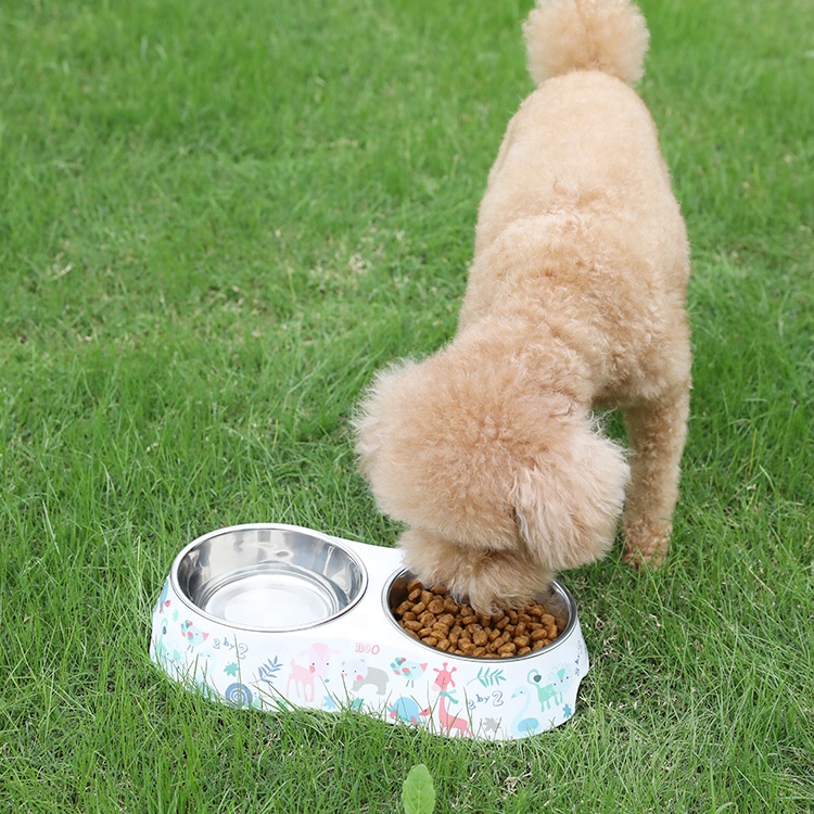 Support Samples Customized Printed Double Melamine Stainless Steel Pet Dog Bowl
