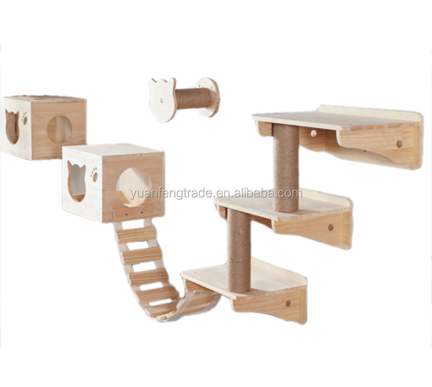 Wall Mounted Wooden Cat Tree Furniture Include Scratcher Bridge Cando Platform Cat Climbing Exercise Playing