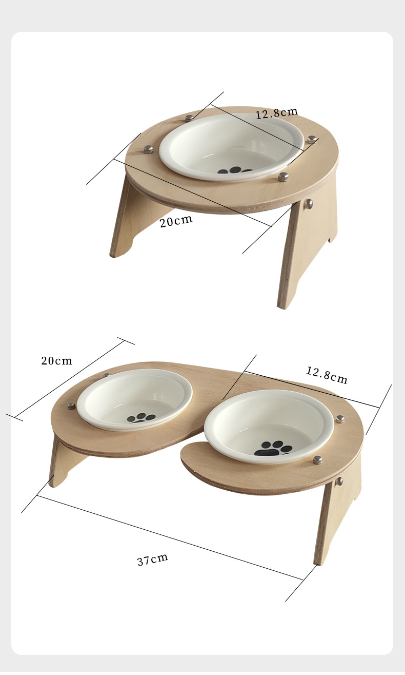 Wooden Elevated Tilted NonSlip Pet Cat Dog Ceramics Stainless Steel Drinking Bowl Feeding Bowl