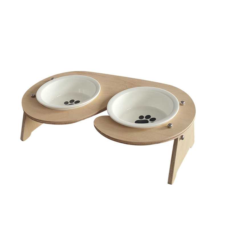 Wooden Elevated Tilted NonSlip Pet Cat Dog Ceramics Stainless Steel Drinking Bowl Feeding Bowl