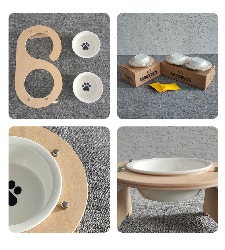 Wooden Elevated Tilted NonSlip Pet Cat Dog Ceramics Stainless Steel Drinking Bowl Feeding Bowl