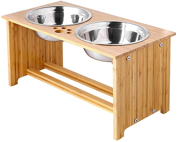Bamboo Raised Pet Bowls Cats Dogs Stand Feeder With 2 Stainless Steel Bowls