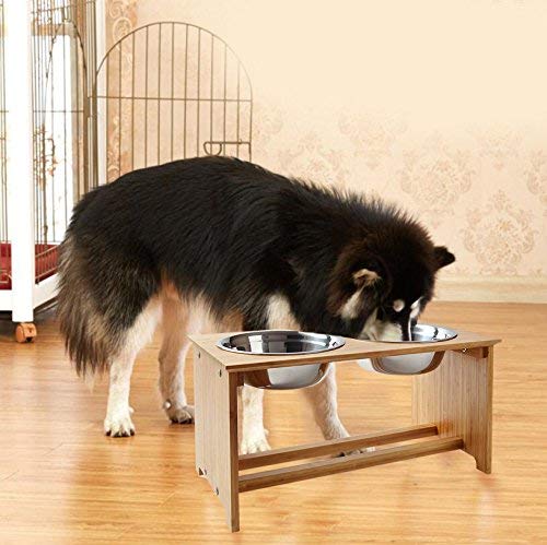 Bamboo Raised Pet Bowls Cats Dogs Stand Feeder With 2 Stainless Steel Bowls