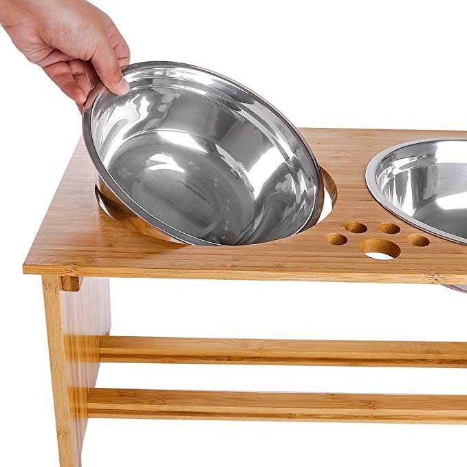 Bamboo Raised Pet Bowls Cats Dogs Stand Feeder With 2 Stainless Steel Bowls