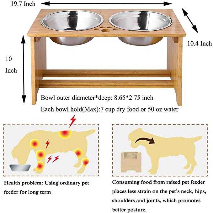 Bamboo Raised Pet Bowls Cats Dogs Stand Feeder With 2 Stainless Steel Bowls