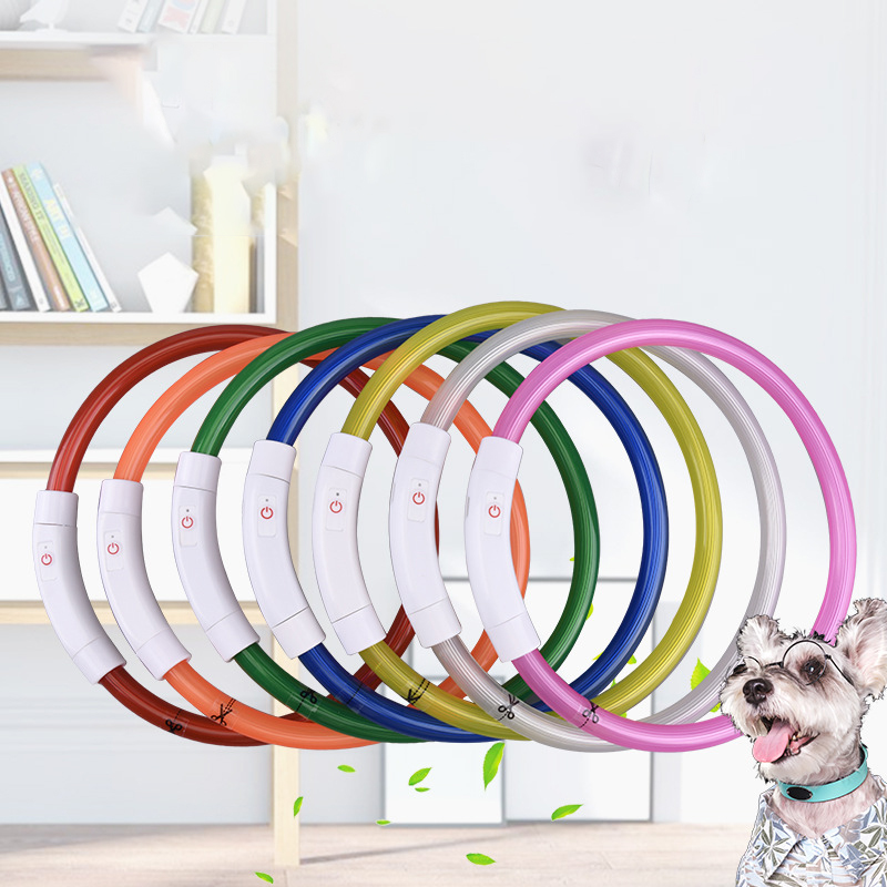 Pet Collar Round Tube Luminous Collar Cut USB Charging Led Threecolor Fiber Silicone Collar Dog