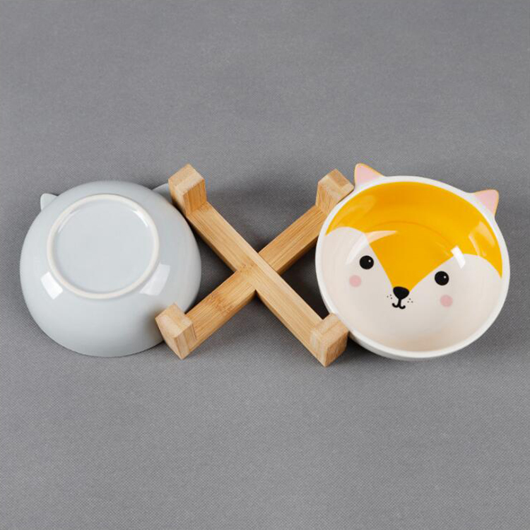 Manufacturer Cute White Ceramic Cat Pet Dog Bowl With Wooden