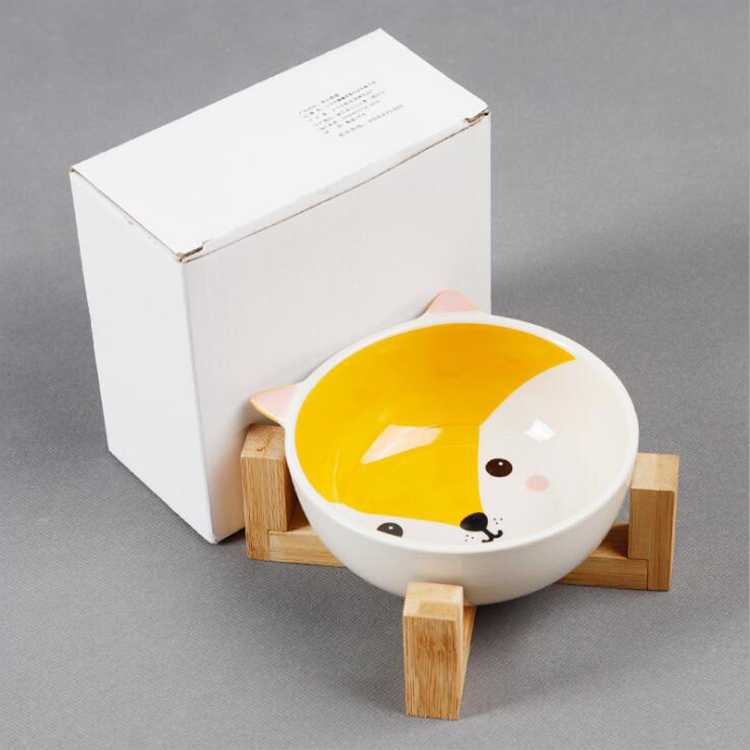 Manufacturer Cute White Ceramic Cat Pet Dog Bowl With Wooden