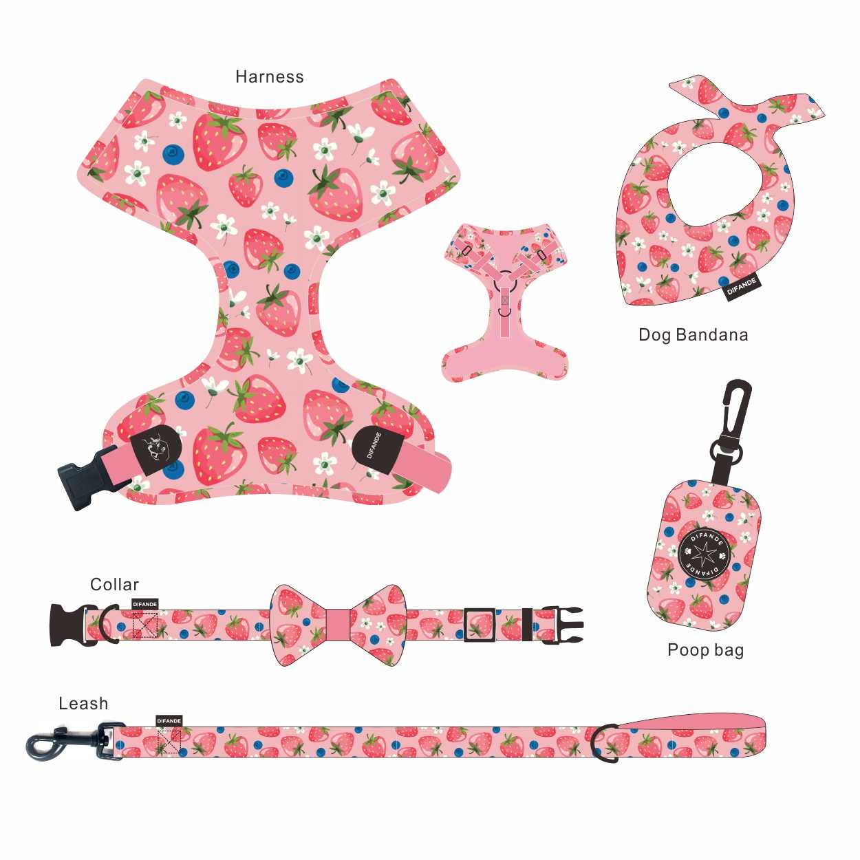 Classical Fruit Soft Padded Dog Collar Leash Pet Cat Dog Leash Collar Set Dog Harness Set