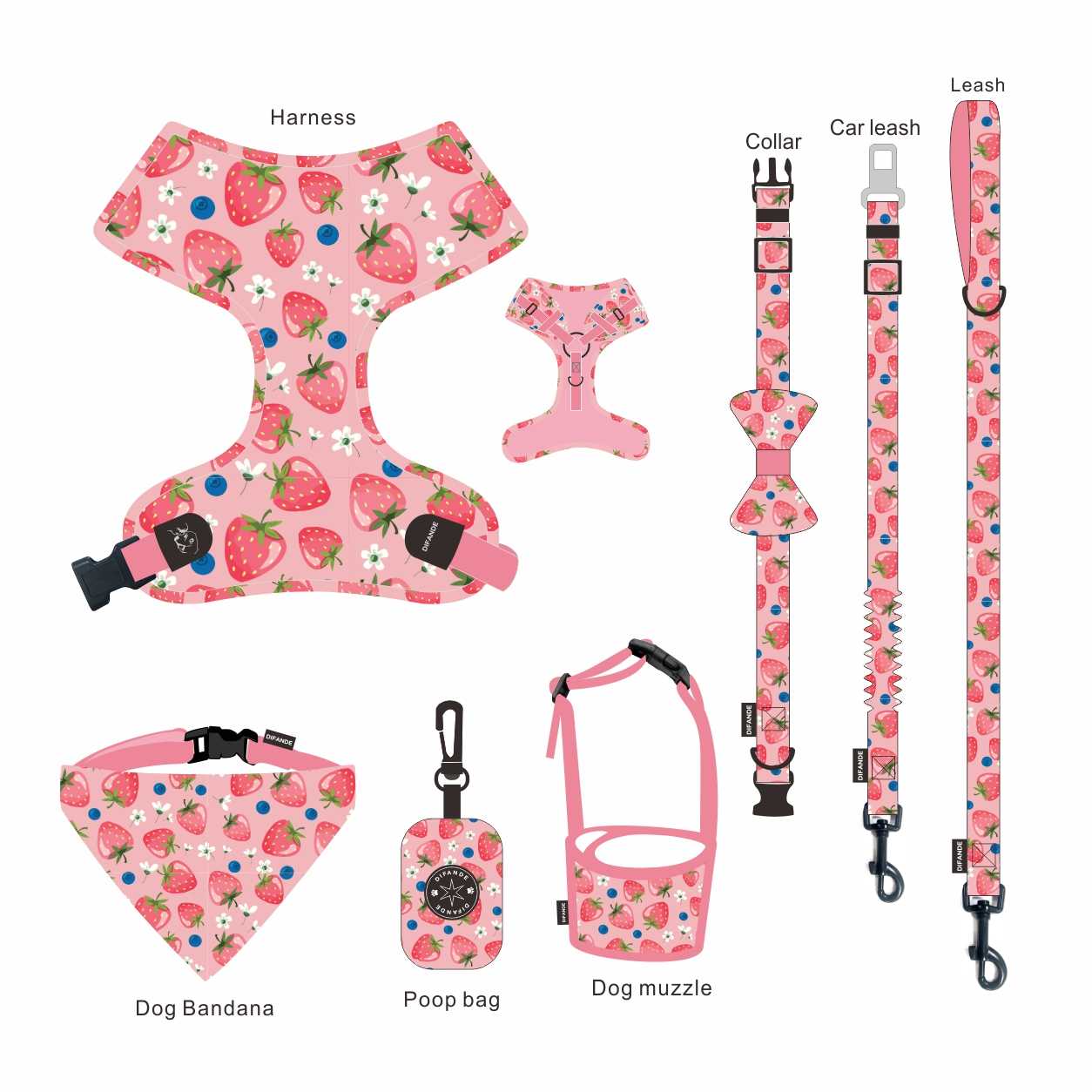 Classical Fruit Soft Padded Dog Collar Leash Pet Cat Dog Leash Collar Set Dog Harness Set