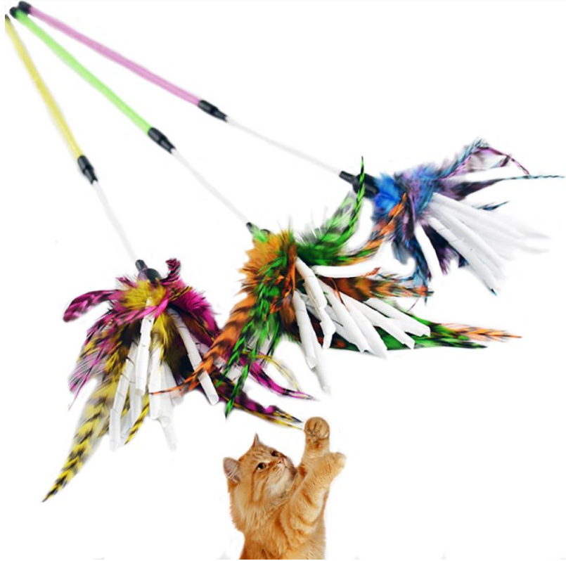 Pet Cat Toy Teaser Bell Feather Stretch Fishing Rod Play Wand Interactive Toys Pets Accessories Replacement Christmas Pet Toy