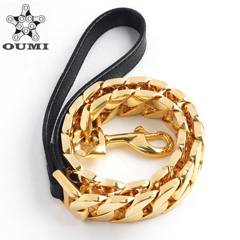OUMI Custom Stainless Steel Welded Gold Dog Chains Dog Training Collars Snap Hook Leather Pet Dog Leash