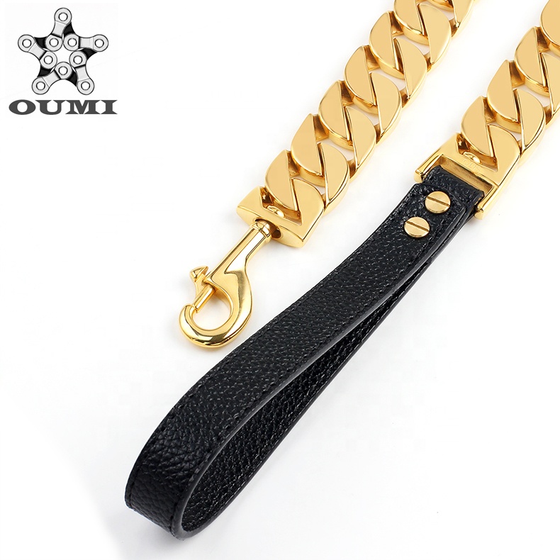 OUMI Custom Stainless Steel Welded Gold Dog Chains Dog Training Collars Snap Hook Leather Pet Dog Leash