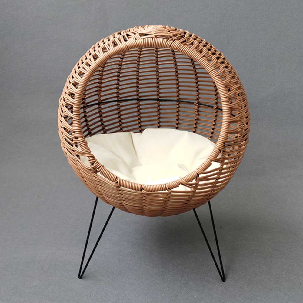 AllWeather Wicker Rattan Cat Bed Lounge Chair Pet Cat Nest House Spherical Metal Frame With Cushion