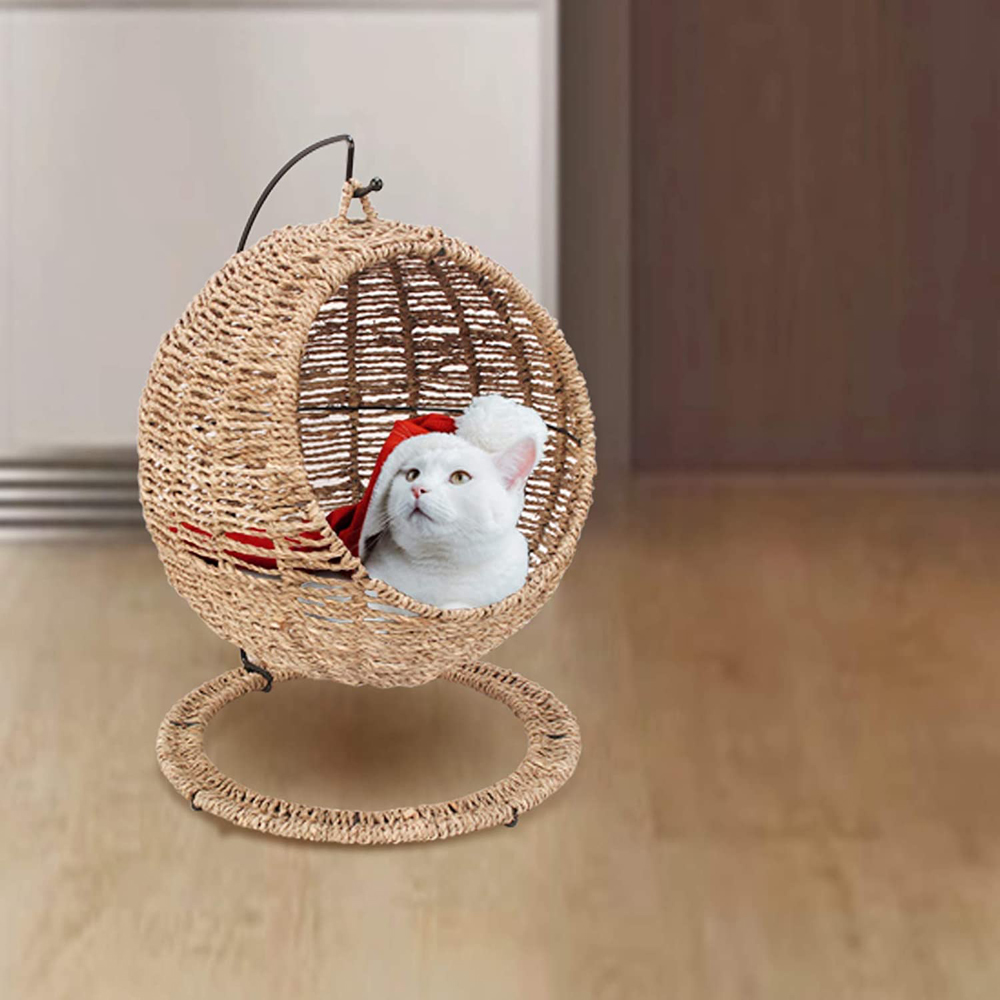AllWeather Wicker Rattan Cat Bed Lounge Chair Pet Cat Nest House Spherical Metal Frame With Cushion