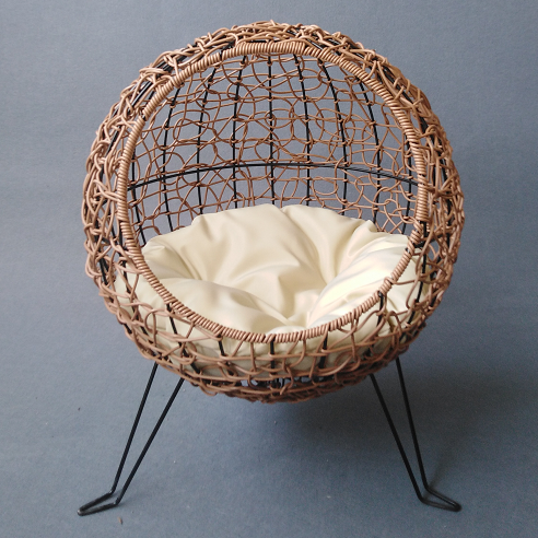 AllWeather Wicker Rattan Cat Bed Lounge Chair Pet Cat Nest House Spherical Metal Frame With Cushion