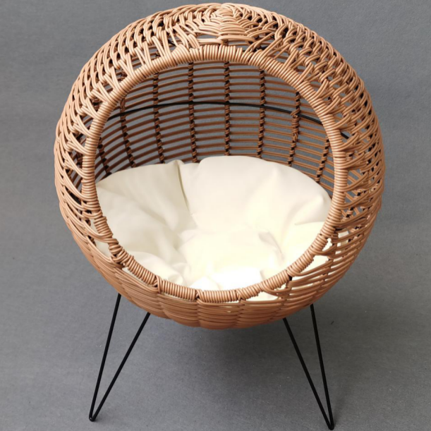 AllWeather Wicker Rattan Cat Bed Lounge Chair Pet Cat Nest House Spherical Metal Frame With Cushion