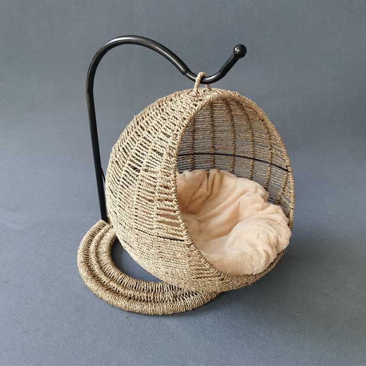 AllWeather Wicker Rattan Cat Bed Lounge Chair Pet Cat Nest House Spherical Metal Frame With Cushion