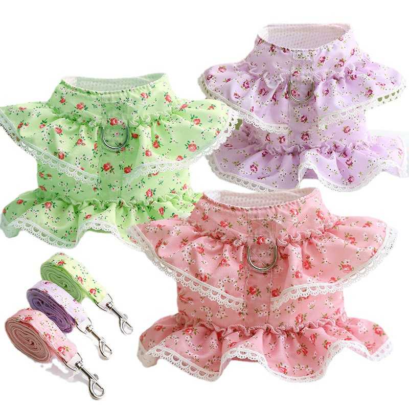 Cute Princess Soak Small Floral Lace Teddy Bichon Summer Spring Pet Harness Set Dog Harness Custom Dog Dresses Pet Harness