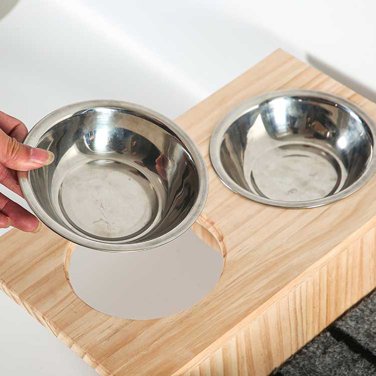 Natural Wood Color Raised Stainless Pet Bowl Cat Scratch Board With 2 Pet Dishes