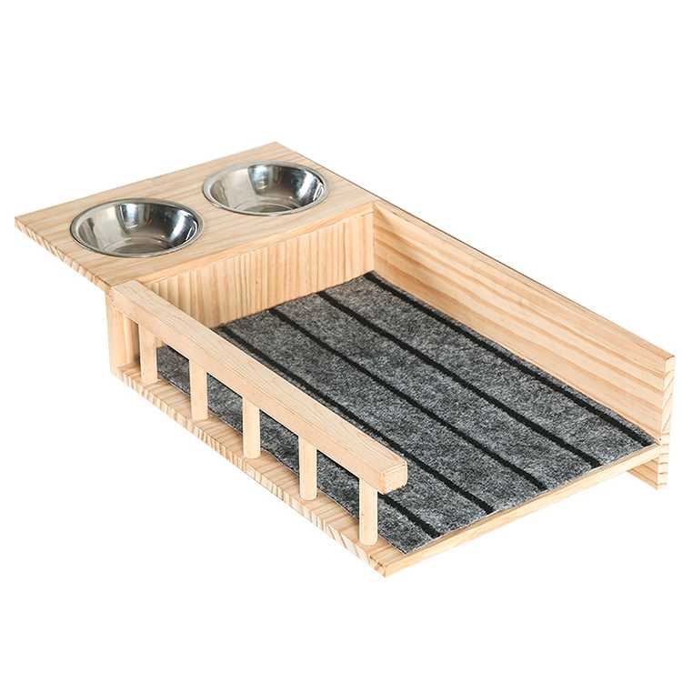 Natural Wood Color Raised Stainless Pet Bowl Cat Scratch Board With 2 Pet Dishes