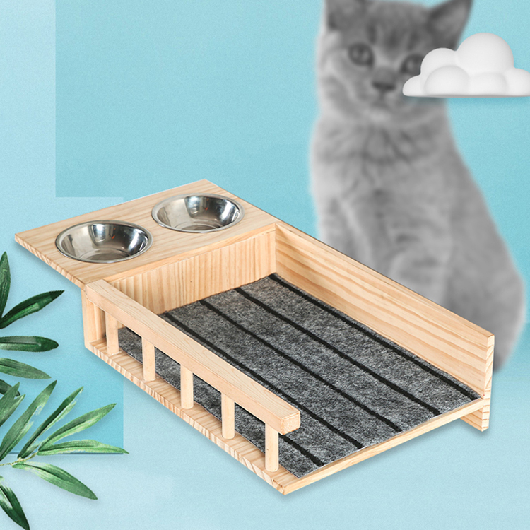 Natural Wood Color Raised Stainless Pet Bowl Cat Scratch Board With 2 Pet Dishes