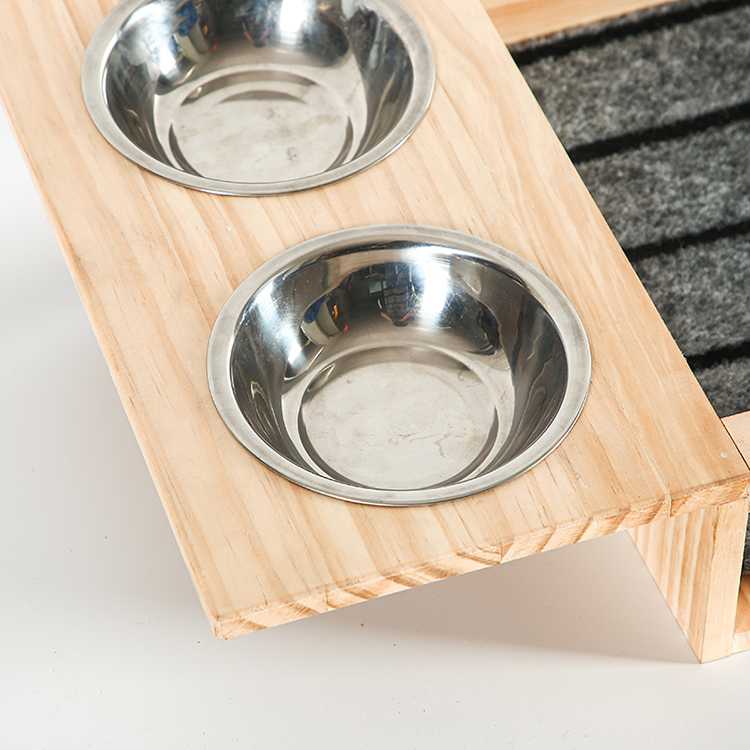 Natural Wood Color Raised Stainless Pet Bowl Cat Scratch Board With 2 Pet Dishes