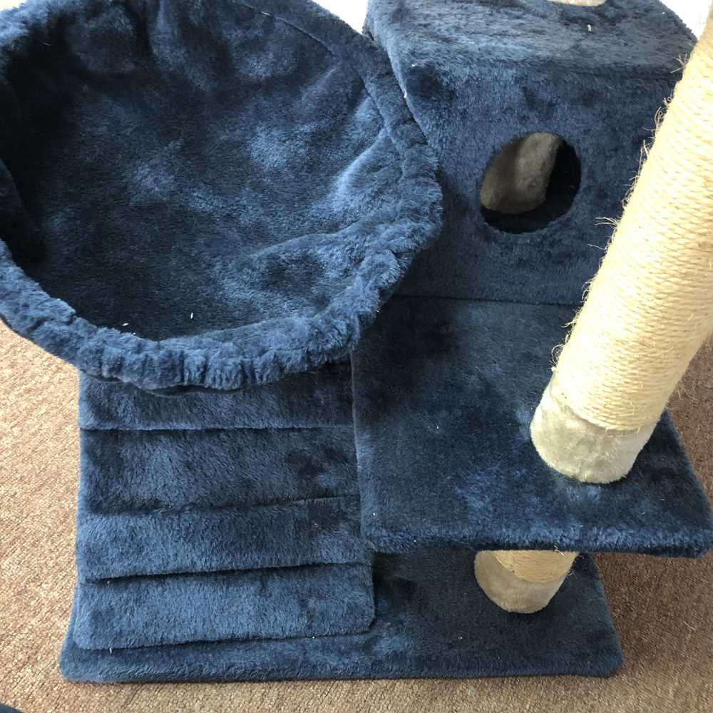 Large Big Four Level Cat Tree Dark Blue Plush Hammock Warm Cat House Multilevel Cat Activity Tree