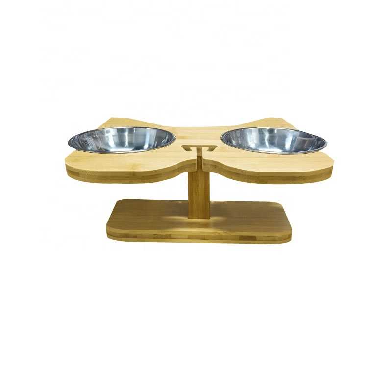 Bamboo Wood Raised Adjustable Dog Bowl Stand Bamboo Dog Cat Feeder Stand With 2 Stainless Steel Food Bowls Dog Cat