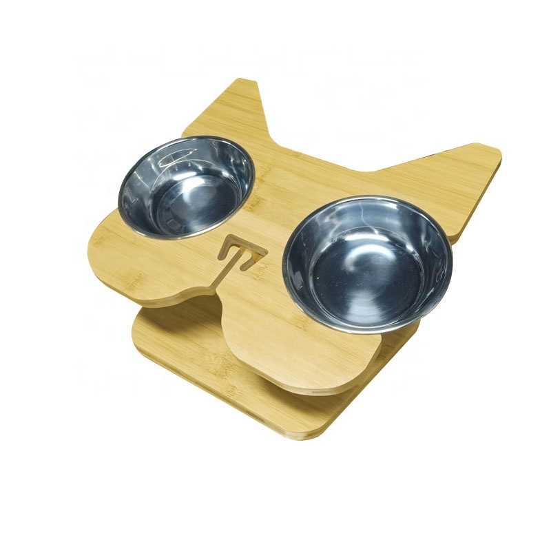 Bamboo Wood Raised Adjustable Dog Bowl Stand Bamboo Dog Cat Feeder Stand With 2 Stainless Steel Food Bowls Dog Cat