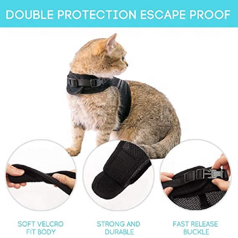 Black Air Mesh Collar Cat Harness Adjustable Pet Cat Vest Harnesses Reflective Cat Harness Leash Set Walking