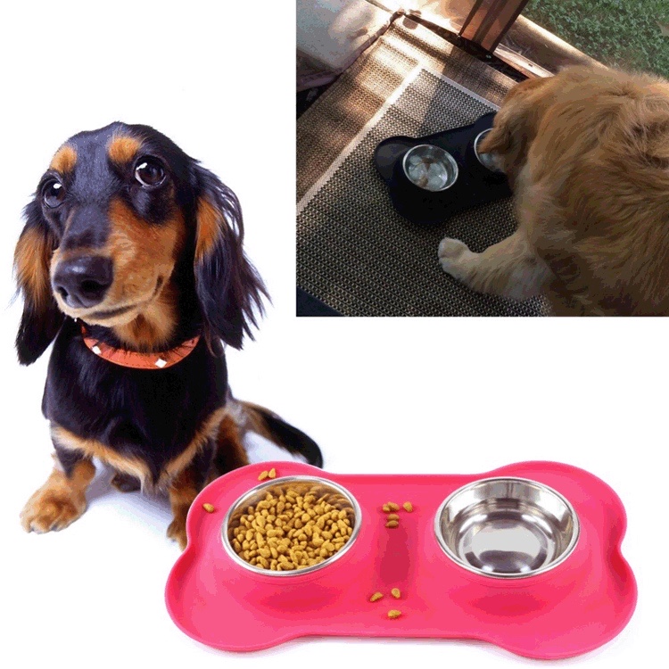 Cat Dog Food Bowl Stainless Steel Double Bowl Silicone Pet Bowl