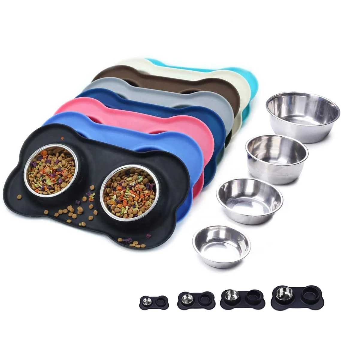 Cat Dog Food Bowl Stainless Steel Double Bowl Silicone Pet Bowl