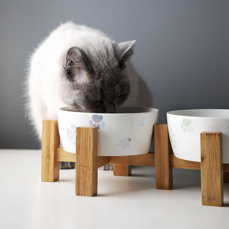 Manufacturer Ceramic Pet Bowls Bamboo Stand Double Bowls Water Food Feeder Dogs Cats