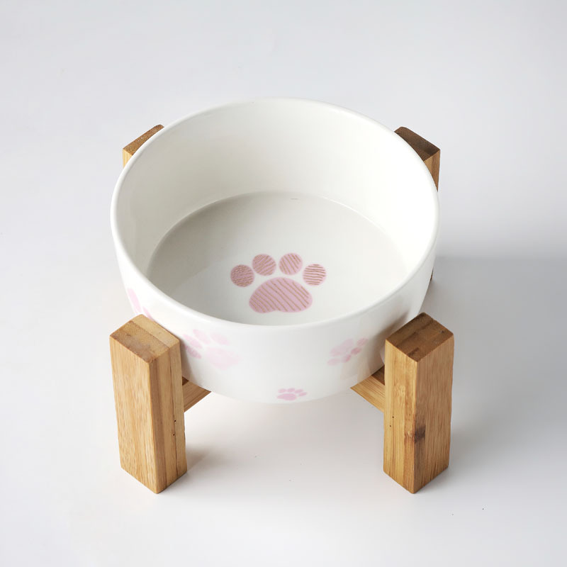 Manufacturer Ceramic Pet Bowls Bamboo Stand Double Bowls Water Food Feeder Dogs Cats