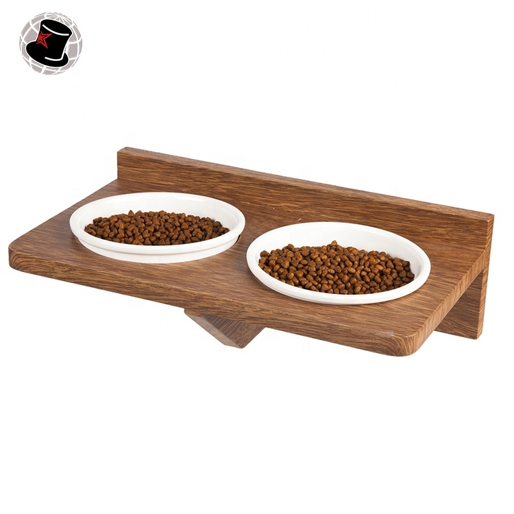 Oval Shaped Ceramic Elevated Pet Feeder Double Cat Bowls WIth Wood Stand Pet Bowl Dog Pet Slow Food Bowl