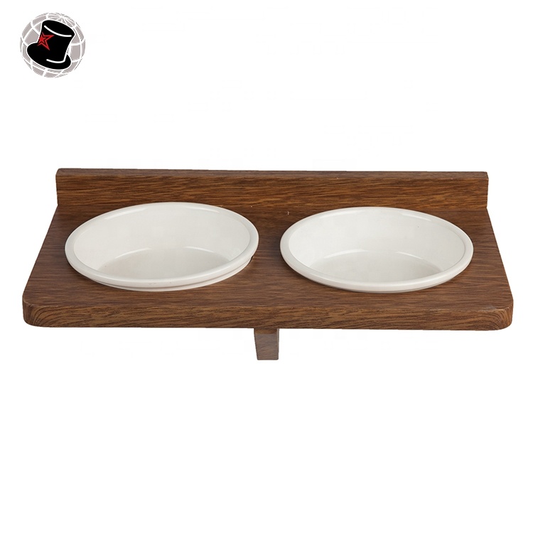 Oval Shaped Ceramic Elevated Pet Feeder Double Cat Bowls WIth Wood Stand Pet Bowl Dog Pet Slow Food Bowl