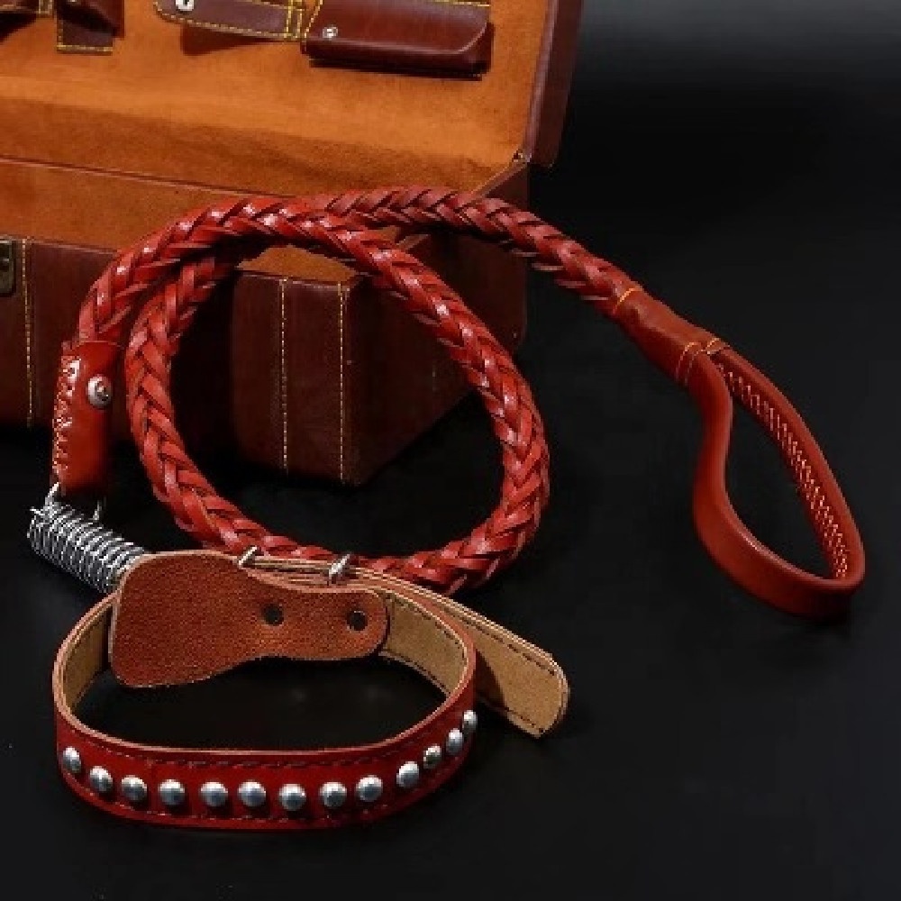 Custom Vegan Genuine Adjustable Braided Red Black Pet Dog Leather Collar Leather Dog Leash With Collar Dog