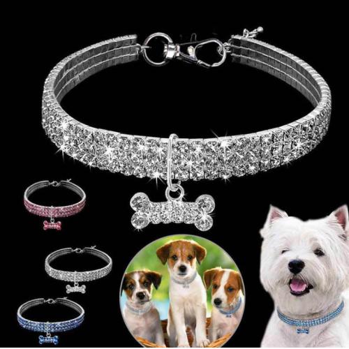 Bling Dog Collar Leash Shiny Full Rhinestone Soft Material Adjustable Dogs Cat Pets Collars With Bone Pet Supplies