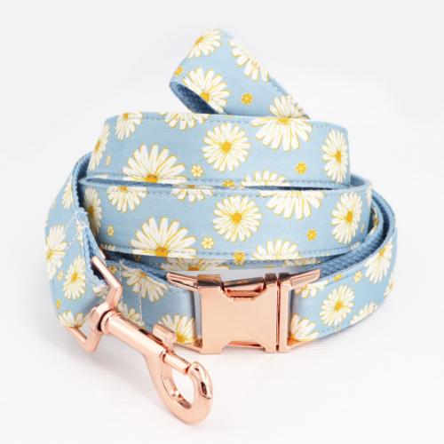 Blue Daisy Dog Collar Personalized Engraved Dog Collar With All Metal Buckle