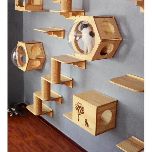 Cat Climbing Frame Solid Wood DIY Platform Cat Wall House Climb Track Springboard Sisal Grab Post Cats Drill Hole Wall Mounted