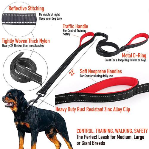 Dual Handle Dog Leads Heavy Duty Reflective Pet Dog Leash Double Padded Handles Lead Control Safety Training