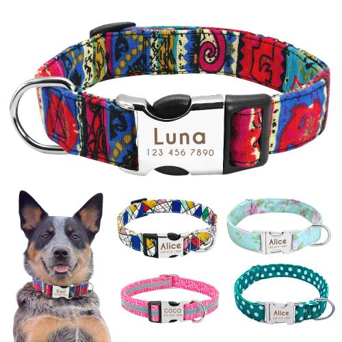Nylon Dog Collar ID Tag Nameplate Reflective Personalized Pet Collar Engraved